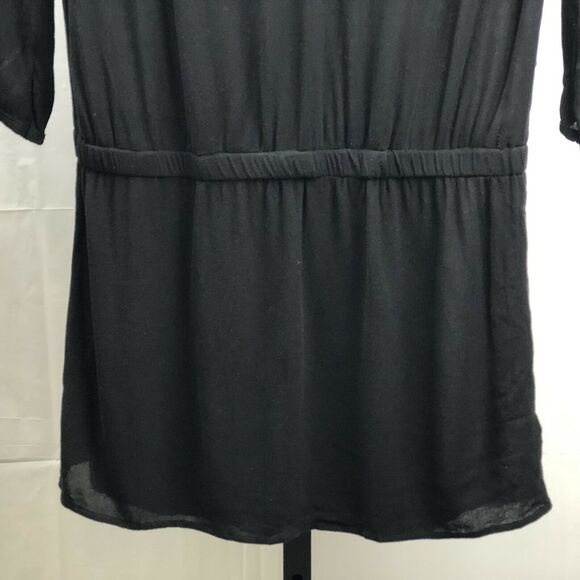 H&M V Neck Tunic Top Women 4 Black Semi-Sheer 3/4 Sleeves Blouse Keyhole Flowy - Picture 4 of 9